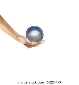 An Isolated Cutout Of A Female Hand Holding A Translucent Crystal Orb.