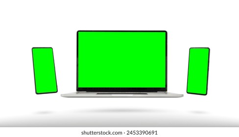 Isolated Devices Mockup. Green screen laptop and green screen smartphone displayed on white background. Concept of technology and modernity. - Powered by Shutterstock