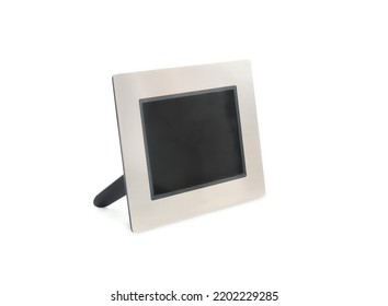 Isolated Digital Picture Frame For Table Or Shelf. Perspective View Of Stainless Steel Photo Frame For Storing, Displaying And Sharing Photos. Plain Black Screen. Template Of Mockup. White Background