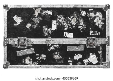 isolated dirty grunge black and white road flight case with metal latches (for transporting music and lightning equipment) white background