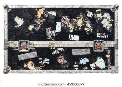 isolated dirty grunge road flight case with metal latches (for transporting music and lightning equipment) white background