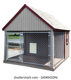 Isolated Dog Kennel With Pitched Roof And Chain Link Fencing.