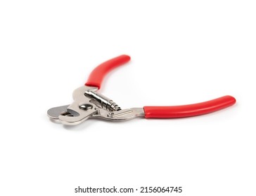 Isolated Dog Nail Clippers, Pet Claw Clippers Or Guillotine Clippers. Perspective View. Pet Grooming Tool Used To Cut Nails Or Claws On Dogs Or Cats. Home Pet Care. Selective Focus. Isolated On White.