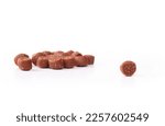 Isolated dog treat with defocused pile of treats. Mini training treat sizes ideal for dog obedience, repetitive tricks and reward. Beef and bacon flavor dog snack. Selective focus. White background.