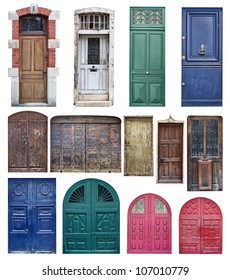 Isolated door. Collection of old wooden doors of different shapes isolated on white background