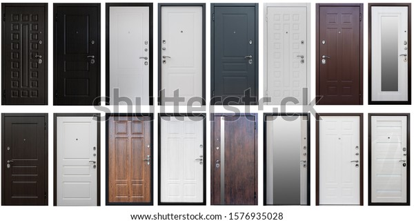  Isolated Door in different colors\
and metallic door handles. White,grey, black, brown, with mirror.\
opens left, right. Set of entrance metal\
doors.