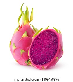Isolated dragonfruit. Cut red fleshed pitahaya fruit isolated on white background with clipping path