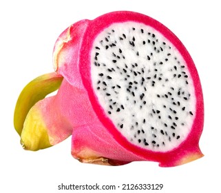 Isolated Dragonfruit. Slice Of White-fleshed Pitahaya Fruit Isolated On White Background With Clipping Path