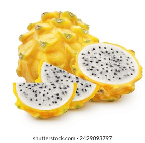 Isolated dragonfruit. Whole, half and two pieces of yellow pitahaya fruit isolated on white background with clipping path