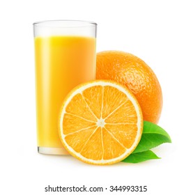 Isolated drink. Cut orange fruits and glass of juice isolated on white background with clipping path