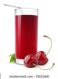 Isolated Drink. Glass Of Cherry Juice And Two Cherries Isolated On White Background