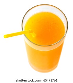 Isolated Drink. Glass Of Orange Juice With Straw Isolated On White, View From Above