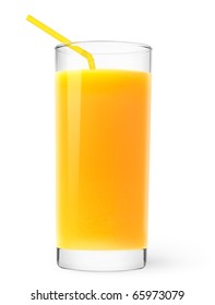 Isolated Drink. Glass Of Orange Juice With Straw Isolated On White Background