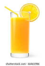 Isolated Drink. Glass Of Orange Juice With Slice Of Orange Fruit And Straw Isolated On White Background