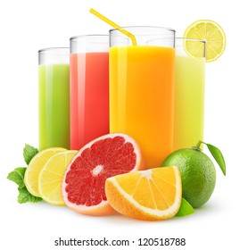 Isolated drinks. Glasses of fresh citrus juices (orange, grapefruit, lemon, lime) and cut fruits isolated on white background