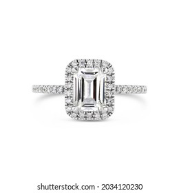 Isolated Emerald Cut Diamond Engagement Ring with Diamond Halo on White Background