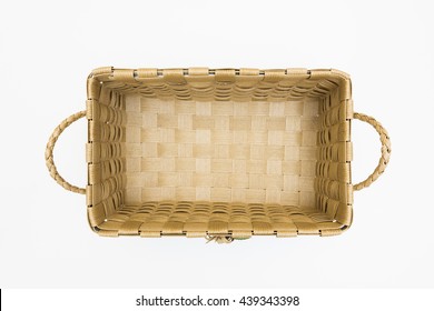 Isolated Empty Brown Wicker Handmade Crafts Basket On White Background View From Top Or Above / Eco Friendly Material From Nature 