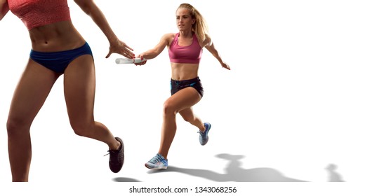 Isolated Female Athletes Sprinting. Runner Passes The Sport Baton On White Background