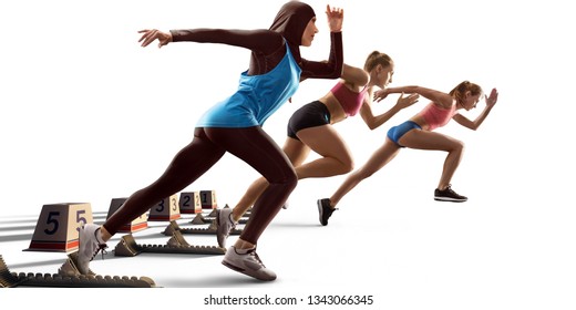 Isolated Female Athletes Sprinting. Women On White Background In Sport Clothes On Starting Line Prepares To Run. Muslim Athlete In Sports Hijab