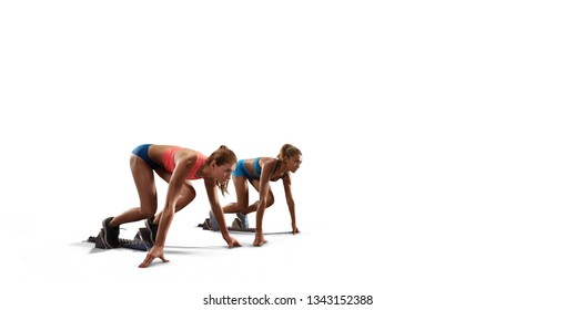 Isolated Female Athletes Sprinting. Women In Sport Clothes On Starting Line Prepares To Run On White Background