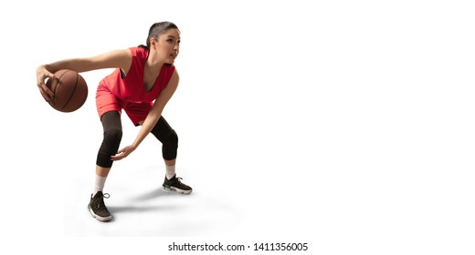 Isolated Female Basketball Player With Ball On White Background