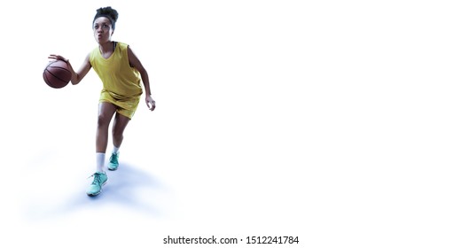 Isolated Female Basketball Player With Ball On White Background