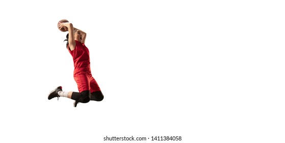 Isolated Female Basketball Player Makes Slam Dunk. Basketball Players On White Background