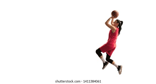 Isolated Female Basketball Player Makes Slam Dunk. Basketball Players On White Background