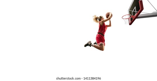 Isolated Female Basketball Player Makes Slam Dunk. Basketball Players On White Background