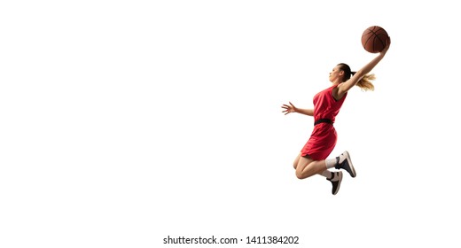 Isolated Female Basketball Player Makes Slam Dunk. Basketball Players On White Background