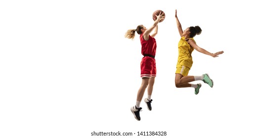 Isolated Female Basketball Player Makes Slam Dunk. Basketball Players On White Background