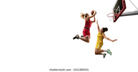 Isolated Female Basketball Player Makes Slam Dunk. Basketball Players On White Background