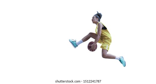 Isolated Female Basketball Player Makes Slam Dunk. Basketball Player On White Background