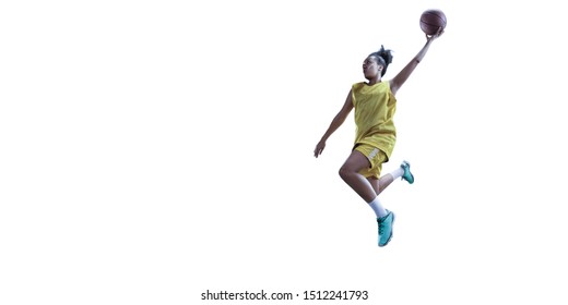 Isolated Female Basketball Player Makes Slam Dunk. Basketball Player On White Background