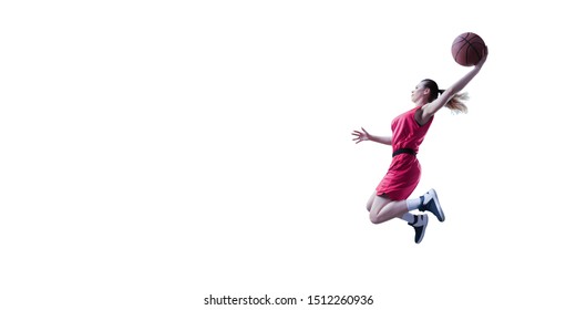 Isolated Female Basketball Player Makes Slam Dunk. Basketball Player On White Background