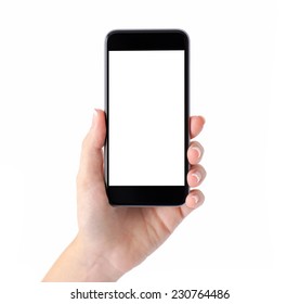 Isolated female hand holding a phone with white screen - Shutterstock ID 230764486
