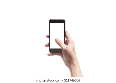 Isolated Female Hand Holding A Phone With White Screen