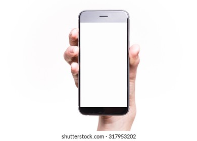 Isolated female hand holding a phone with white screen - Shutterstock ID 317953202