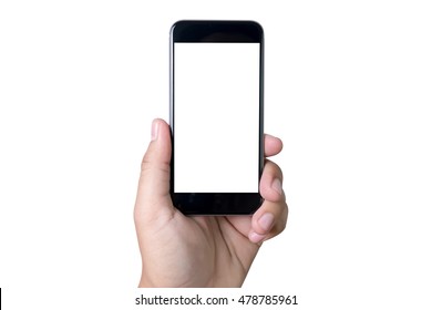 Isolated Female Hand Holding A Phone With White Screen Top View