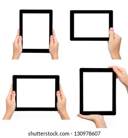Isolated Female Hand Holding Tablet Computer In Different Ways