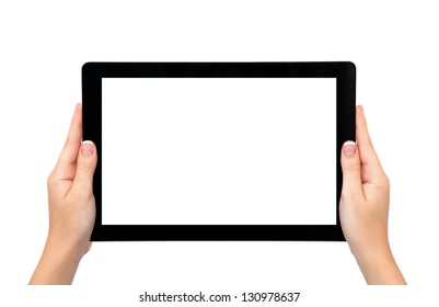 Isolated Female Hands Hold Longer Banner Computer Tablet Or Frame