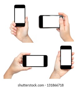 Isolated Female Hands Holding The Phone In Different Ways