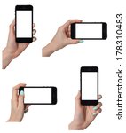 Isolated female hands holding the smart phone similar to iphon in different ways