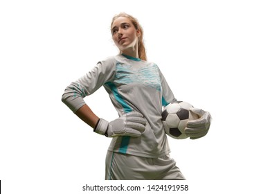 Isolated Female Soccer goalkeeper on white background. Girl with soccer ball - Powered by Shutterstock