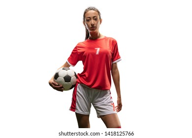 Isolated Female Soccer player play on white background. Girl with soccer ball - Powered by Shutterstock