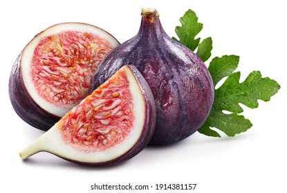 Isolated fig with leaf. Whole fig fruit and slice fig on white background with clipping path. High End Retouching