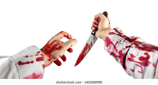 Isolated first person view horror photo of a murderer hands in bloody splattered white shirt holding kitchen knife on white background.