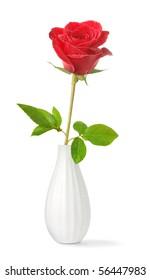 Isolated Flower. Single Red Rose In White Ceramic Vase On White Background