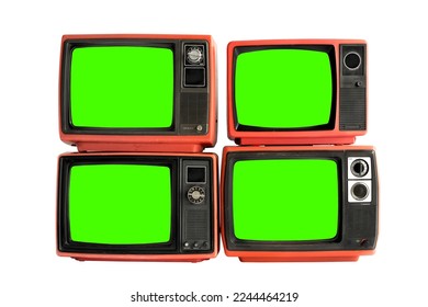 Isolated four vintage red televisions with chroma key green screen for designer on white background with clipping path - Shutterstock ID 2244464219