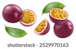 Isolated fresh passion float in the air. Falling maracuya fruits and passion leaves isolated on white background with clipping path